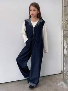DAZY Tween Girls Casual Zipper Hooded Denim Jumpsuit - Blue - View 2