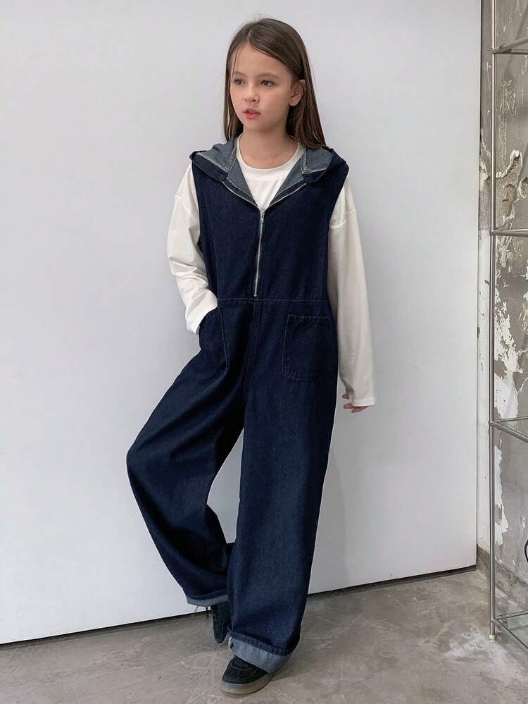 Tween Girls Casual Zipper Hooded Denim Jumpsuit