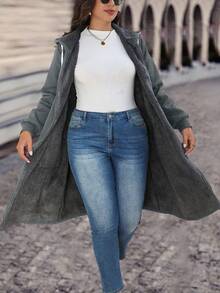 SHEIN LUNE 加大码拉链抽绳连帽夹克，保暖内衬，适合秋冬季 - 灰色 - 查看 5