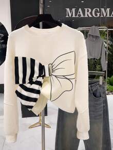 GlowEve CURVE 女士蝴蝶结拼布运动衫，新款条纹撞色宽松套头衫，春秋季 - 杏色 - 查看 1