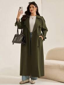 Auralis 大码女式秋冬时尚休闲宽松舒适日常基本百搭经典棕色长款风衣夹克，秋季女装，返校服装，老款女装，秋季外套 - 軍綠色 - 查看 3