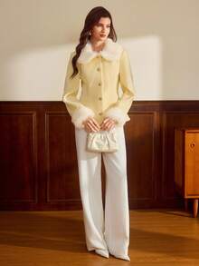 Vintamour 复古经典优雅女士外套，修身毛领拼接大衣，毛绒拼接夹克，长袖翻领夹克，秋冬款 - 鵝黃色 - 查看 4