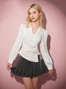 少女休闲优雅百搭白色长袖不对称领衬衫，春秋装 - 白色 - 查看 1