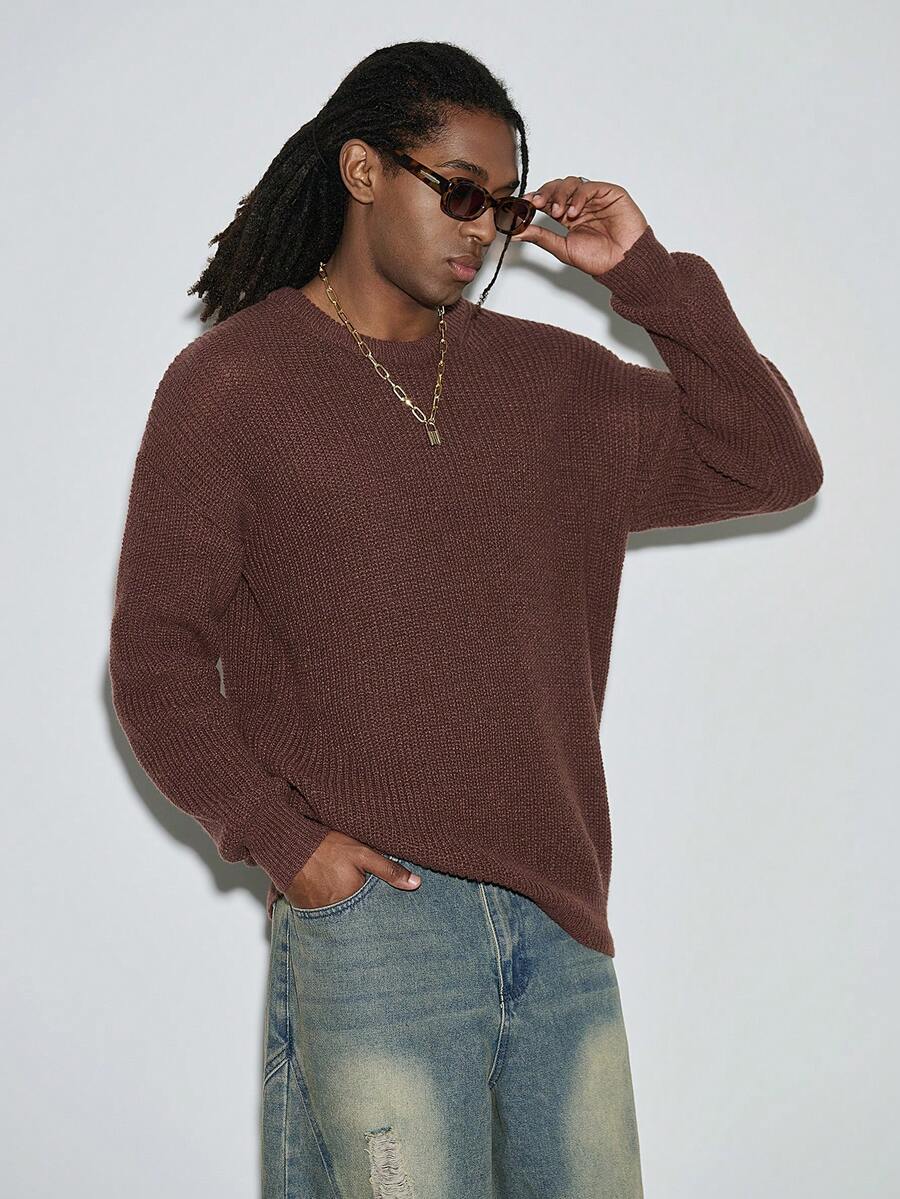 Modcrash 男女皆宜的宽松版型串珠图案休闲学院风套头毛衣，圆领，长袖落肩设计，简约风格，秋冬季保暖。 - 棕色 - 查看 1