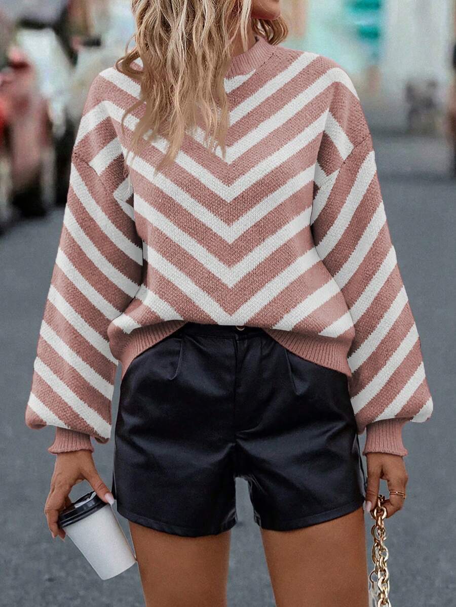 SHEIN LUNE 女式休闲拼色条纹毛衣，秋冬 - Red Plum - 查看 1