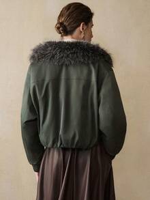EMERY ROSE Women's Short Quilted Detachable Fur Collar Design Slanted Pockets Daily Commuting Cotton Jacket Winter Daily Commuting Autumn Jacket - Army Green - View 7