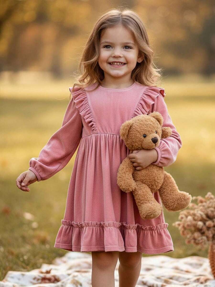 Blossori Young Girls' French Elegant Ruffle Trim Velvet Long Sleeve Dress - Pink - View 1