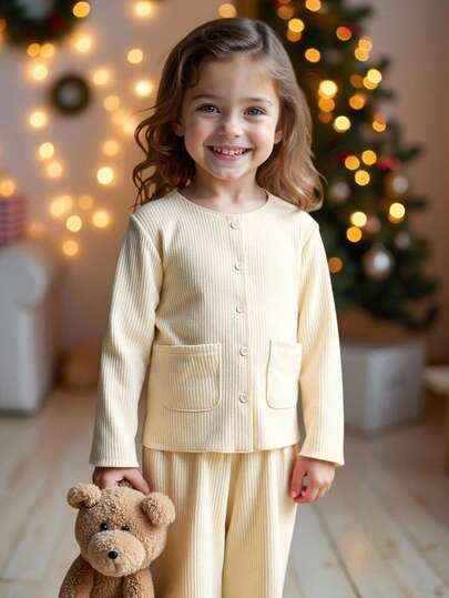 Blossori Young Girls French Elegant Button-Front Cardigan Jacket & Pants Set, 2 Pieces Cozy Autumn Fall & Winter Styles Young Girls Outfit, Family Matching