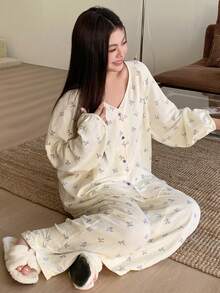 Dazy Plus 两件套加大码时尚蝴蝶结印花宽松休闲睡衣套装，适合室内外穿着，春秋季、秋冬季服装 - 白色 - 查看 4