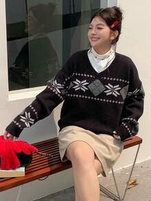 Dazy Plus Suéter de Navidad con escote en V, estampado jacquard de retazos de colores contrastantes para mujer talla grande, otoño/invierno, Año Nuevo - Negro - Ver 6