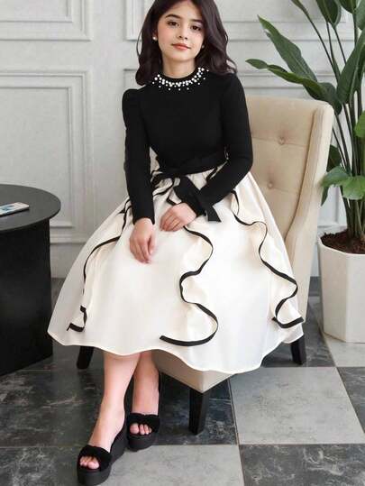 Tween Girl Elegant Pearl Embellished Contrast Color Splice Ruffle Hem Dress Fall Winter