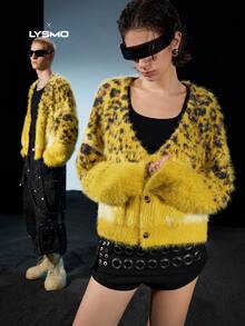 NEON BLANC 男士豹纹单排扣针织开衫，秋冬款，情侣装 - 黃色 - 查看 6