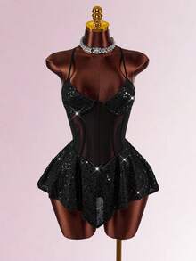 Amplova 女式时尚性感亮片拼接露背吊带迷你连衣裙 - 黑色 - 查看 3