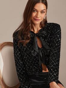 Enchnt Jachetă romantică de damă, neagră, cu paiete strălucitoare, cu funde decorative, mânecă lungă, șic/elegantă/la modă, pentru petrecere/întâlniri/sărbători/absolvire/ieșiri în oraș/Halloween/Crăciun/toamnă/Anul Nou - Negru - Vizualizare 3