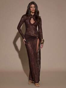 SHEIN BAE 女式时尚性感蕾丝高开衩褶饰紧身连衣裙 - 棕色 - 查看 8