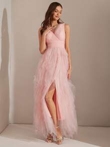 Enchnt 女士优雅雪纺 V 领高开衩无袖派对连衣裙，适合夏季晚会和派对 - 粉色 - 查看 4