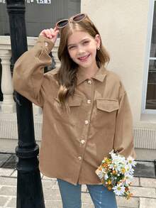 SHEIN 青少年女孩纯驼色灯芯绒翻盖口袋落肩长袖外套，适合秋冬休闲日常穿着 - 駝色 - 查看 10