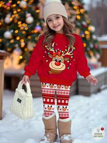 SHEIN 2 Stücke Kleinkind Tween Mädchen Lässiges Weihnachten Rentier Grafik Muster Rundhals Langarm Sweatshirt und Leggings Set, geeignet für Herbst/Winter