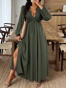 SHEIN LUNE Vestido largo con abertura lateral de unicolor y parches de encaje para mujer - Verde militar - Ver 5