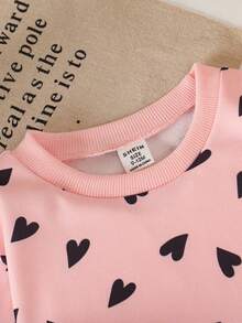 SHEIN Vintaside Kids 两件套女婴爱心印花卫衣套装，宽松舒适的套头衫和裤子，时尚百搭 - 粉色 - 查看 4