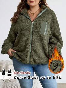 SHEIN CURVE+ Chaqueta de forro polar informal de talla grande, versátil para otoño/invierno - Verde militar - Ver 1