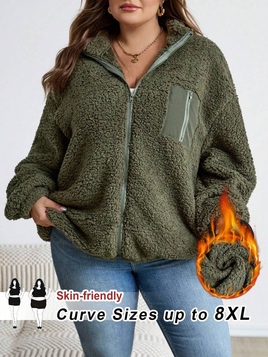 SHEIN CURVE+ Chaqueta de forro polar informal de talla grande, versátil para otoño/invierno - Verde militar - Ver 1
