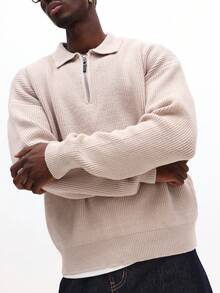 SUMWON 罗纹针织半拉链套头毛衣，翻领长袖，休闲保暖，INS 热销款式，假日完美之选，舒适厚实面料，极致保暖，纯色 - 卡其色 - 查看 5