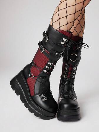 Grunge Punk Women's Wine Red Round Toe Platform Thick Sole Gothic Punk Dark Rivet Double Buckle Chain Belt Buckle Fashion Ankle Boots