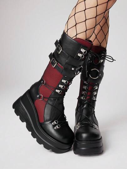 Grunge Punk Women's Wine Red Round Toe Platform Thick Sole Gothic Punk Dark Rivet Double Buckle Chain Belt Buckle Fashion Ankle Boots