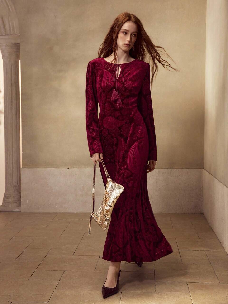 WOMEN'S ELEGANT JACQUARD TIE NECK DRESS