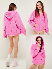 LUVLETTE 冬季基础款柔软保暖女士睡衣粉色樱桃连帽短外套内衣外穿圣诞节新年睡衣款式2025 - 粉色 - 查看 3