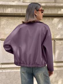 Aloruh 秋冬时尚百搭通勤款 Ancla 紫色 PU 夹克 - 紫色 - 查看 2