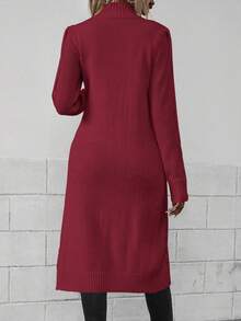 EMERY ROSE 休闲纯色立领高开衩毛衣，秋冬 - 酒紅色 - 查看 2