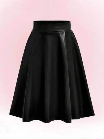 Tween Girls PU Mid-Length Black Skirt For Autumn And Winter, Fashionable And Elegant Commuting Skirt Fall