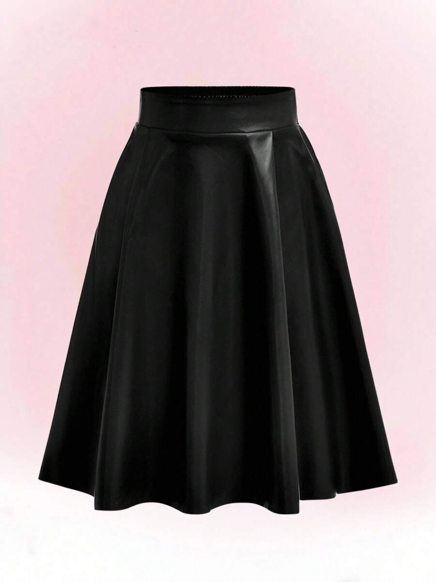 Tween Girls PU Mid-Length Black Skirt For Autumn And Winter, Fashionable And Elegant Commuting Skirt Fall