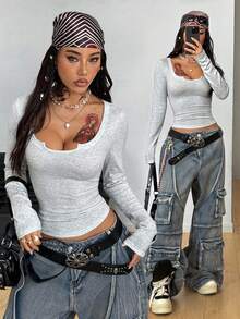 Coolane Women's Fall Y2K Minimalist Basic Daily Wear Casual Stretchy Notched Bustier Long Sleeve T-Shirt,White Shirt