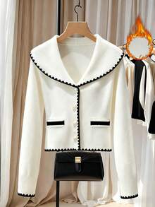Franclia Damen Neue Herbst/Winter Französischer Stil Pendler Lässig Locker Kontrastbesatz Strickjacke - Weiss - Übersicht 1