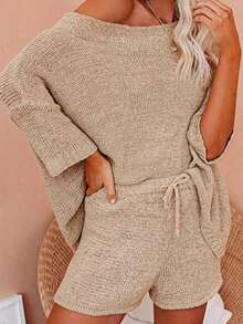 Calvaya Dam vår/sommar ny enfärgad halvärmad hoodie med bara axlar Mångsidig, elegant fransk stil, bekväm, skonsam, utsökt, lös, lös, dejting, pendling, stickad tröja tvådelat set - Aprikos - Visa 3