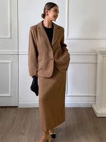 DAZY Women's Solid Color Loose Long Sleeve Blazer Jacket And Straight Skirt Elegant Office Formal Suit Set, Autumn/Winter Business Attire - Brown - View 7