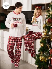 Manfinity CoupledUp Weihnachten Fröhliche Schrift Muster Langarm Top & Rentier, Schneeflocke, Weihnachtsbaum Muster Hose Herren Pyjama Set Herbst Winter Kleidung Passendes Paar Pyjama Set Weihnachts Pyjamas Paar Herren Pjs Set
