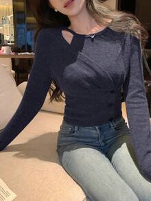 DAZY 女式露肩圆领长袖纯色T恤，韩版 - 藍色 - 查看 4