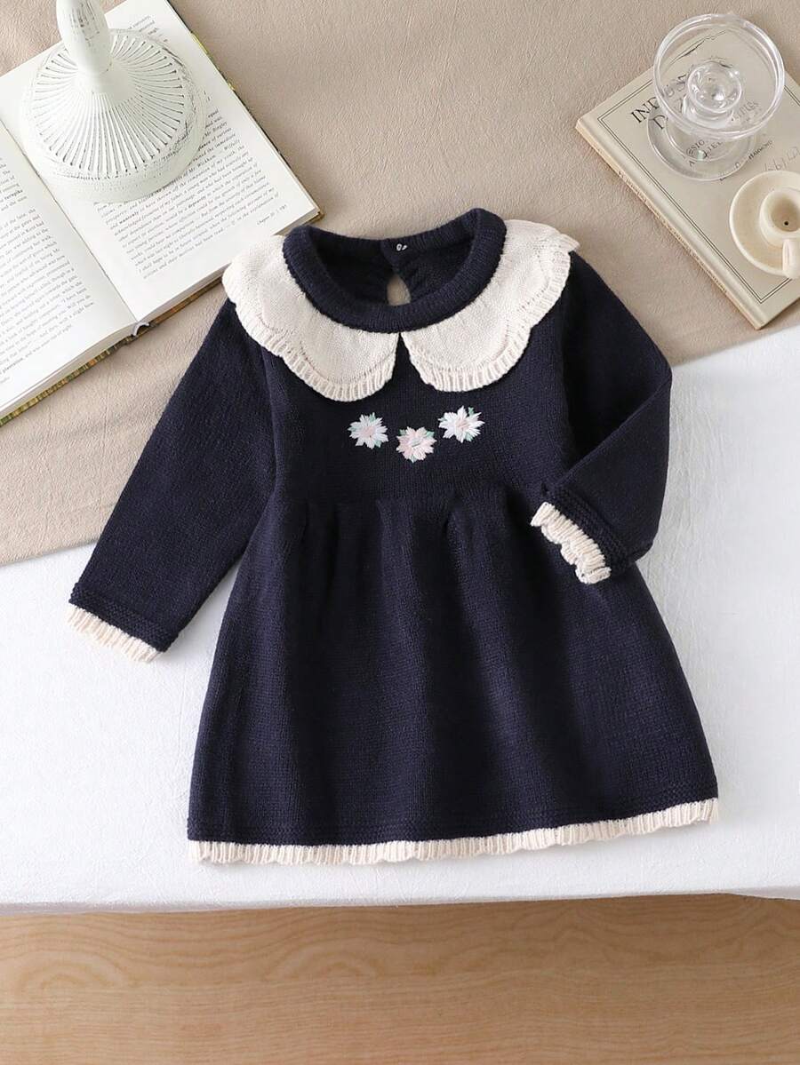 SHEIN Baby Girls Floral Embroidered Ruffled Collar Knit Sweater Dress,Navy Blue,Autumn,Elegant,Matching Family Long Sleeve Winter Knitted Collared Dress - Royal Blue - View 1