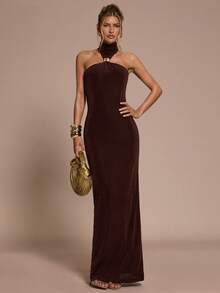 SHEIN BAE 女士纯棕色露背金属扣装饰直下摆开叉下摆优雅连衣裙，适合鸡尾酒会、浪漫约会、秋冬分层穿着、派对、万圣节、圣诞节 - 棕色 - 查看 4