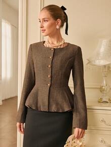 Aveloria Rosie 人字纹圆领长袖通勤时尚西装外套 - 棕色 - 查看 5