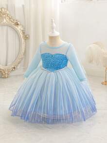 SHEIN Glamorique Kids 女婴公主裙，蓝色薄纱公主裙，雪花印花，渐变印花，带披肩，中东风情，优雅派对礼服，生日派对，婚礼节日礼服 - 藍色 - 查看 4