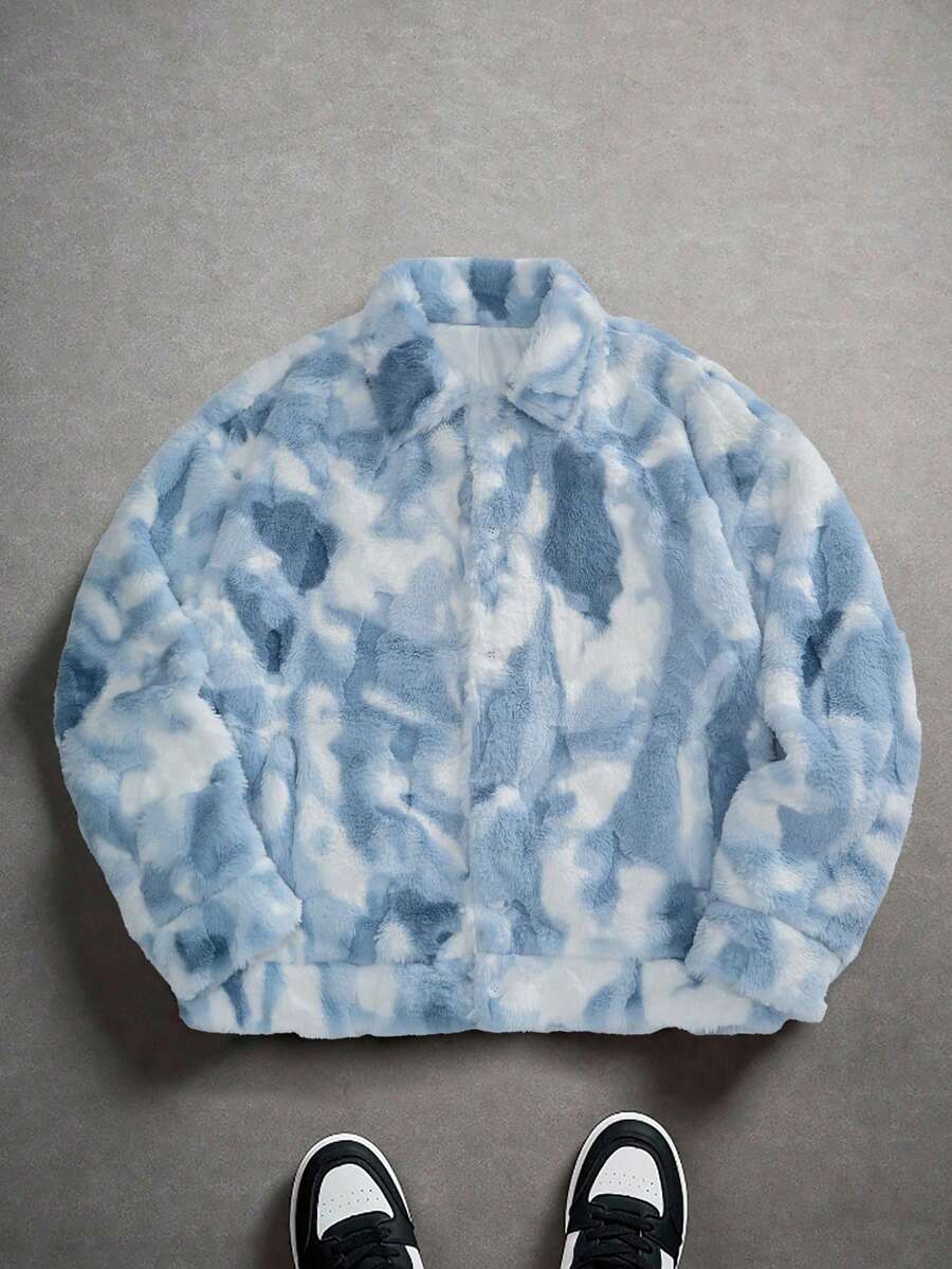 PAVTROS 男士随机印花长袖仿毛皮外套，秋冬季保暖内衬外套 - 彩色 - 查看 1