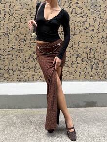 SHEIN Unity 棕色针织提花低腰直筒开衩侧裙，女款，秋冬，时尚简约，通勤、办公、旅行、度假百搭，外出约会穿着舒适 - 棕色 - 查看 5