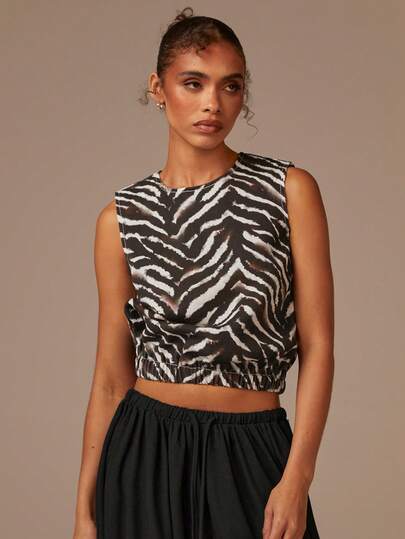 Athîral 女式休闲时尚街头风格度假斑马纹拉链后背短款背心，夏季