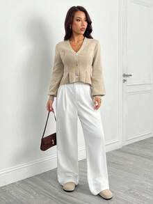 SHEIN PETITE Women's Light Brown Knit Sweater, Casual Elegant Version, Waist-Cinching Slimming, Suitable For Autumn/Winter Daily Wear,Thanksgiving - Brown - View 6