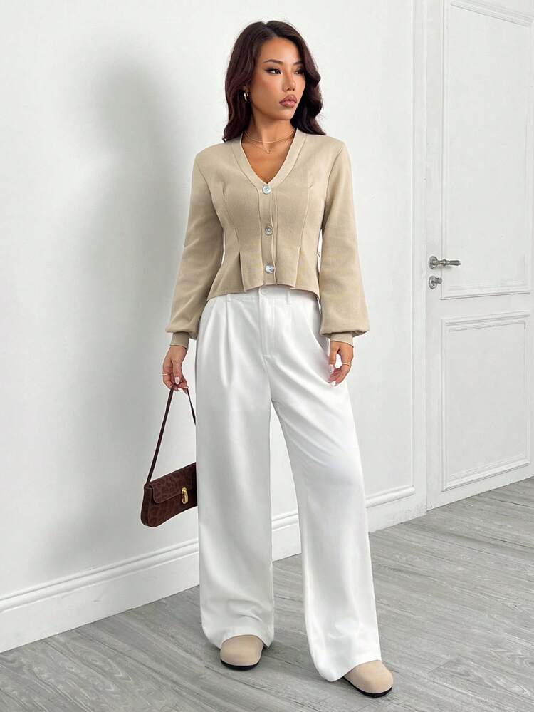 SHEIN PETITE Suéter de Tricô Marrom Claro Feminino, Versão Elegante Casual, Cintura Afunilada Emagrecedora, Adequado para Uso Diário no Outono/Inverno, Ação de Graças - Castanho - Visão 6